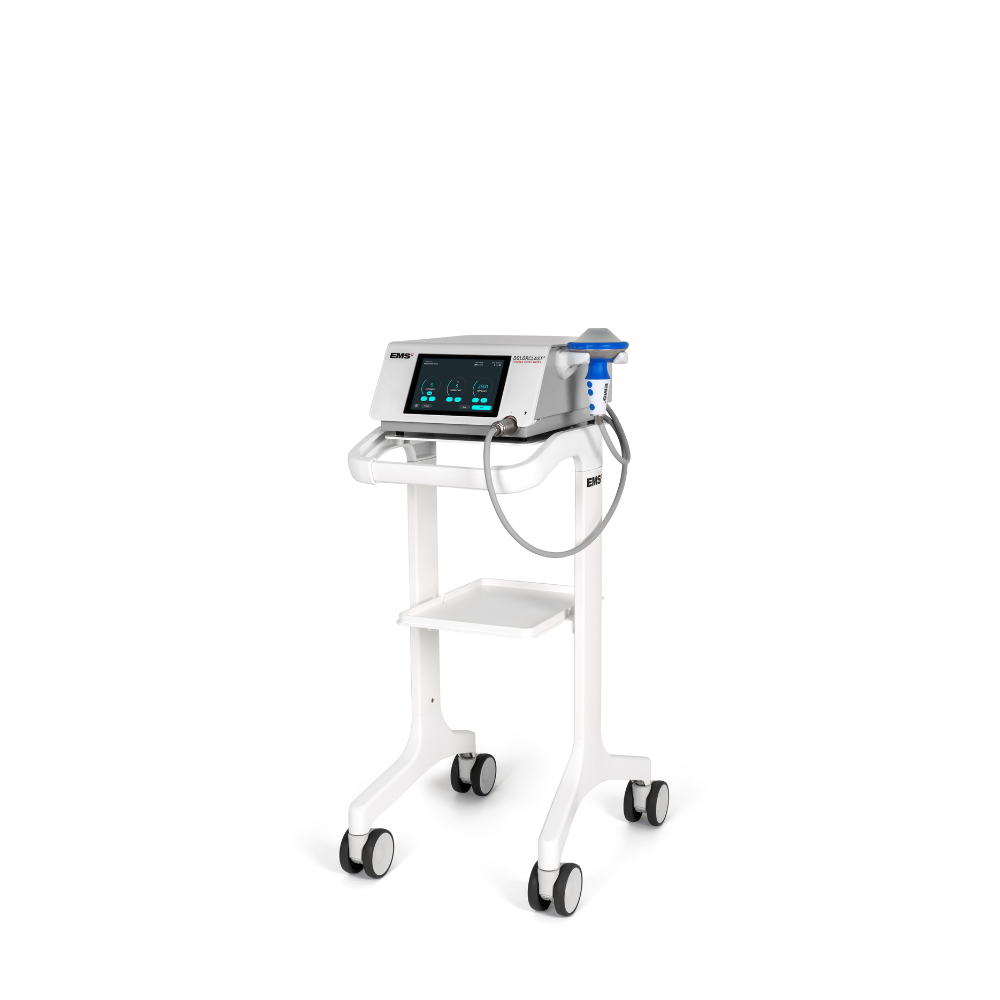 EMS DolorClast Focus device side view with therapy cart