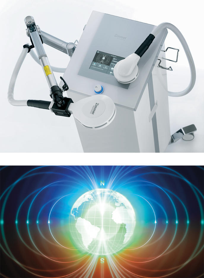 Medical device with digital display and control panel on a white background, followed by a colorful light effect.