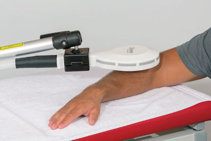 Handheld device being used on a person's arm with a white background